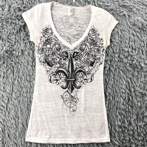 In Style Tshirt Womens Small Vneck Love Faith Fleur De Lis Embellished Roses